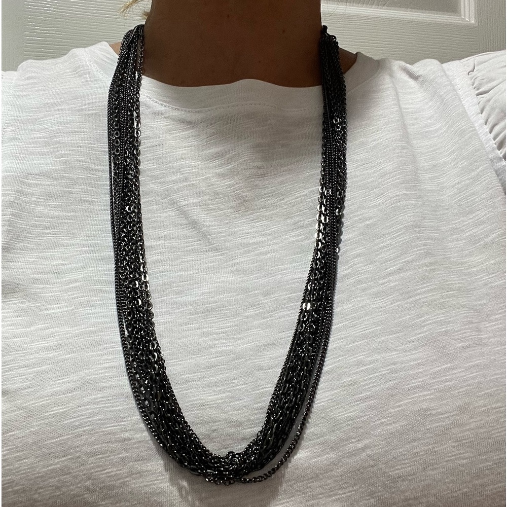 Multi Strand Fashion Necklace in Black Gun Metal Adjustable from 26”-34”